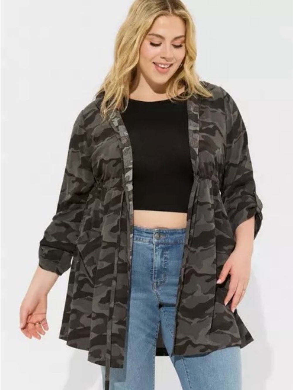 NWT Torrid Washable Gauze Hooded Kimono - Black Camo Cadet